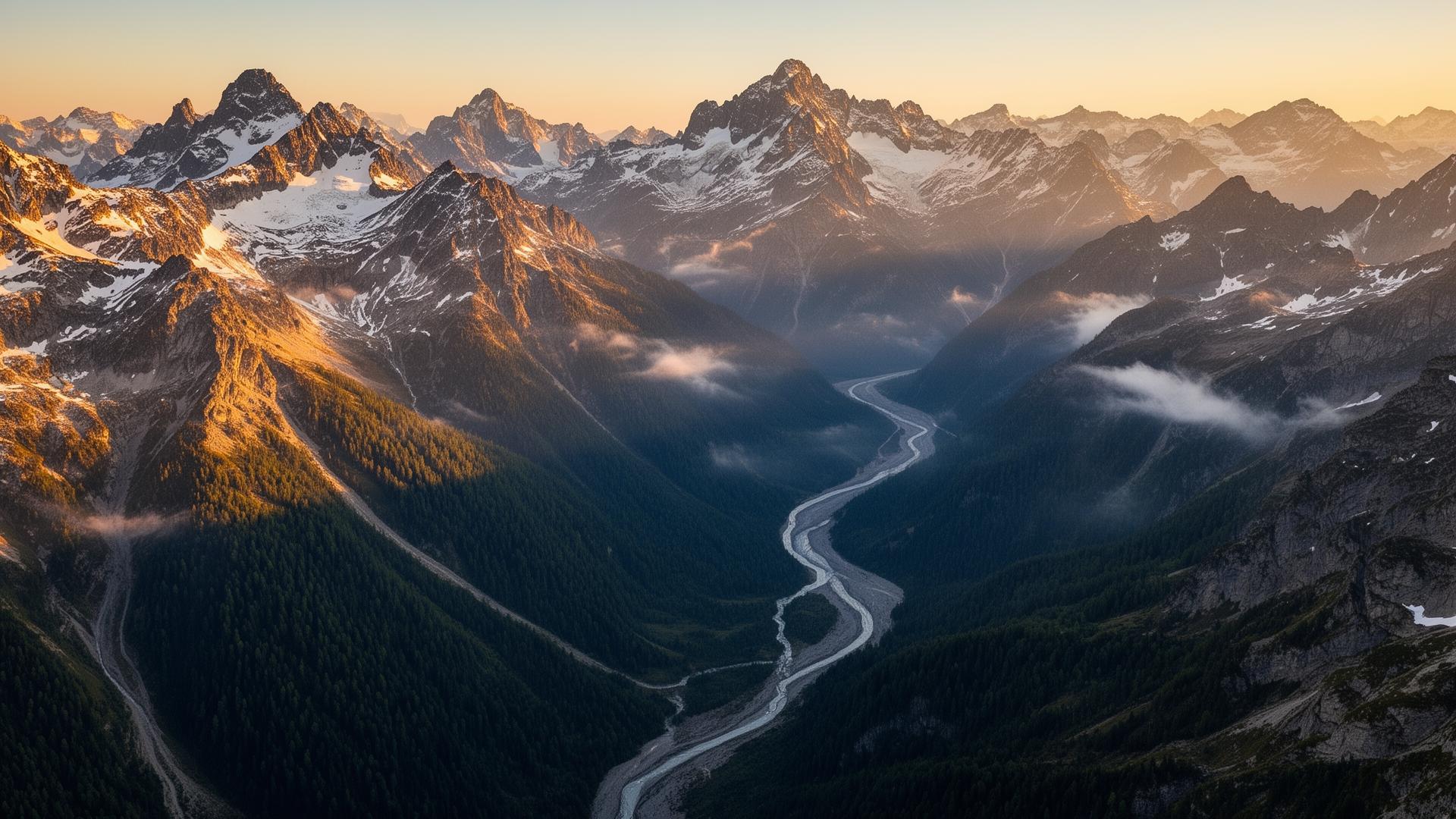 Aerial view of European alpine mountains
