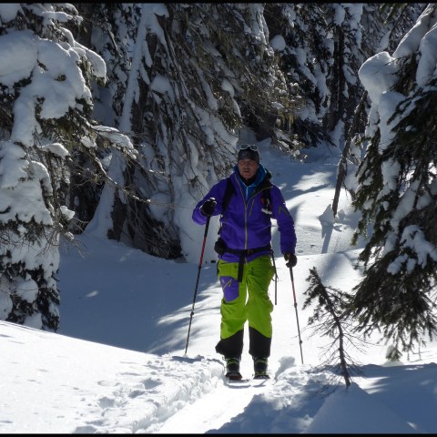 a person riding skis down a snow covered slope