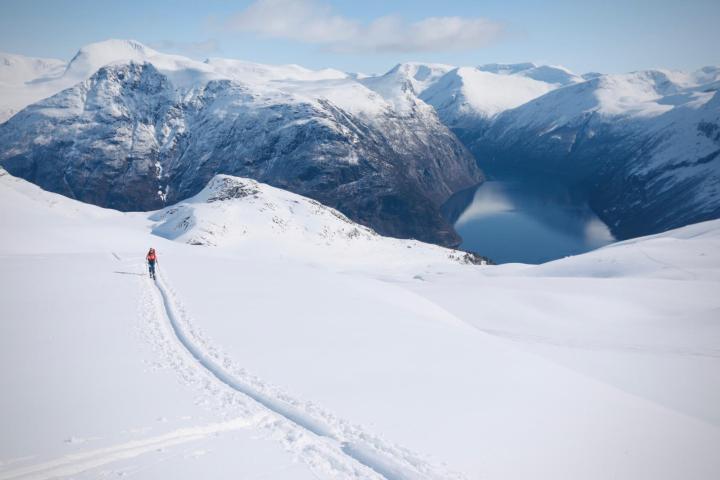 Person skiing on snow-covered mountain with distant fjord and snowy peaks.