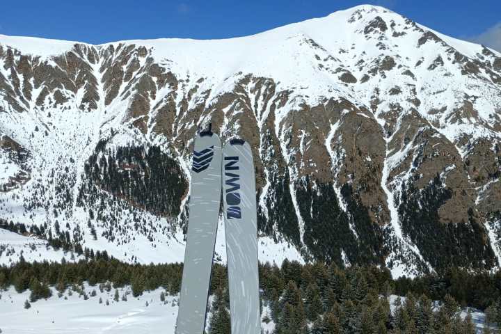 Two skis planted in snow with snowy mountains and trees in the background under a clear blue sky.