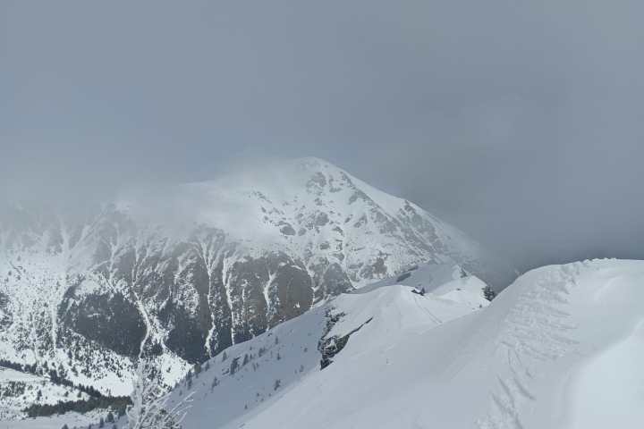 Snow-covered mountain peak under a cloudy sky with sparse trees.